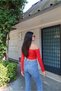 Scuba Fabric Blouse with Drop-Shoulder Sequined Shoulder Details, Red - 4