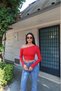 Scuba Fabric Blouse with Drop-Shoulder Sequined Shoulder Details, Red