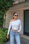 Scuba Fabric Blouse with Drop-Shoulder Sequined Shoulder Details, White - 4