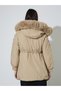 Beige Longline Regular Fit Padded Coat with Faux Fur Hood - 5