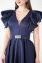 Taffeta Fabric Shoulder Flounce Midi Dress - Dark Blue - 2