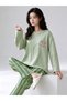 Green Striped Straight Leg Lounge Set with Long Sleeve Top