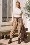 Italian Beige Pants with Pockets, Belt, Elastic Waist, and Elasticated Hem, Jacquard Woven Pants 94 70