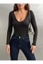 Women's V-Neck Long-Sleeve Bodysuit, Black – Micro Suprem Fabric, Body-Hugging Fit, Snap-Fastened Closure at the Bottom