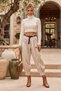 Italian Ecru Pocketed, Belted, Elasticated Hem, Harem-Style Pants with Jacquard Woven Velvet, Size 94 70 - 5