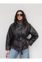 Snap-buttoned, drawstring leather jacket