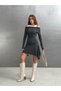 Women's Off-the-Shoulder Asymmetrical Dress in Anthracite – Tank Top Neckline, Long Sleeves, Mini-Length Dress