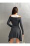 Women's Off-the-Shoulder Asymmetrical Dress in Anthracite – Tank Top Neckline, Long Sleeves, Mini-Length Dress - 5