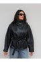 Snap-buttoned, drawstring leather jacket - 4
