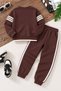 Brown Boys' Summer Embroidered Crew Neck Sweatsuit with Zipper 25053 - 3