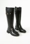 Women's Black Stretchy Elastic-Buckled Comfortable Calf-High Boots - 4