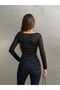 Women's V-Neck Long-Sleeve Bodysuit, Black – Micro Suprem Fabric, Body-Hugging Fit, Snap-Fastened Closure at the Bottom - 6