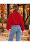 Ruby Red Mock Neck Zipper Balloon-Sleeve Jacket - 4