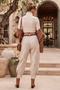Italian Ecru Pocketed, Belted, Elasticated Hem, Harem-Style Pants with Jacquard Woven Velvet, Size 94 70 - 8