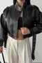 Women's Belted Oversized Cropped Faux Leather Jacket with Mock Neck and Puffed Sleeves - 5