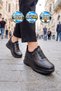 Black Genuine Leather Women's Casual Shoes with Thick Soles and Elastic Straps 26402000K - 3