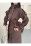 Women's Mock Neck, Belted, Button-Front Long Trench Coat—Classic, Stylish, Transitional Jacket - 3