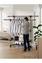 Expandable Double Rod Garment Rack 85-140 cm with Wheels and Bottom Shelves, 150 cm Tall