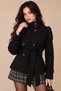 Women's Black Mock Neck Short Cashmere Melton Coat with Belt, Buttons, and Lining—Winter Jacket - 2