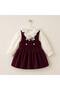Girls' Two-Piece Set: Cotton Blouse with Lace Collar Detail and Bow Detail, and a Burgundy Velvet Shirt Dress with Pearl Buttons - 3