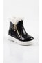 GIRLS' BLACK PATENT LEATHER ZIP-UP BOOTS WITH ZIP DETAIL, FUR-TRIMMED DESIGN, NON-SLIP SOLES, AND A SPARKLY, STYLISH DESIGN