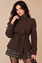 Women's Dark Coffee-Colored Short Melton Coat with Mock Neck, Belt, Buttons, and Lining—Winter Jacket - 2