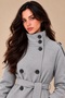 Women's Gray Mock Neck Short Melton Coat with Belt, Buttons, and Lining—Winter Jacket - 3