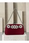 Burgundy Stone-Embellished Satin Clutch Bag with Silver Accents and Chain Strap for Women—Wedding and Engagement - 3