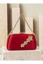 Women's Evening Clutch Bag with Red Stone, Satin, and Gold Accents, Chain Strap—Perfect for Weddings and Engagements - 2