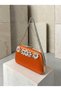 Women's Evening Clutch Bag with Orange Stones, Satin, and Silver Accents, Chain Strap—Perfect for Weddings and Engagements - 3