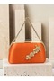 Women's Evening Clutch Bag with Orange Stone, Satin, and Gold Accents, Chain Strap—Perfect for Weddings and Engagements - 2