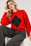 Women's Soft Knit Sweater with Red Stone Embellishments and a Patterned Crew Neck - 3