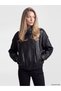 LCW Vision Black Plain Oversized Women's Leather-Look Jacket, Featuring the ALITA CITY Touch