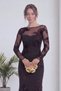 Women's Backless, Embroidered, Long-Sleeved Midi Dress in Black and Brown - 2