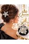 Silver-White Crystal-Studded Holographic Floral Pearl-Adorned Black Elastic Hair Clip Buckled with a Pearl