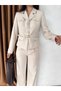 Women's Gold-Buttoned Belted Jacket and Pants Set with Pocket Detail—Stylish Two-Piece Set