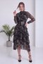 Women's Midi Length Chiffon Dress with Ruffle Detail, Belt Detail, and Print; Long Sleeves; Green, Brown, Purple