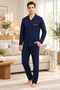 REALMOOD Men's Navy Blue 100% Cotton Button-Down Pajama Set – Long-Sleeved, White-Piped Top with Pockets, Relaxed Fit