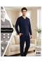 REALMOOD Men's Navy Blue 100% Cotton Button-Down Pajama Set – Long-Sleeved, Red Piped Trim, Top with Pockets, Relaxed Fit - 2