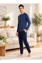 REALMOOD Men's Navy Blue 100% Cotton Long-Sleeve Pajama Set – Crew Neck, Relaxed Fit, Solid Color