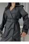 Women's Leather Trench Coat with Long Belt, Patchwork Design, and Back Slit—Stylish Transitional Outerwear - 2