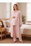 New Season Powder-Colored Shawl Collar Long Robe with Elegant Lace Details and Nursing Features—100% Cotton Maternity and Postpartum Robe and Pajama Set