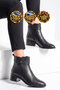 Women's Black Genuine Leather Heeled Zip-Up Boots with Ankle Strap, Fleece-Lined Insulation 9783-1 - 3