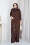 Women's Cold-Spun Yarn Knit Modest Set: Long Tunic, Jacket, and Pants Two-Piece Set with 10 Buttons, Brown - 3