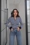 Navy Blue Crew-Neck Striped Blouse with a Zipper - 2