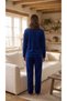 Women's Navy Blue Plus Size Printed Long Sleeve French Velvet Pajama Set - 3