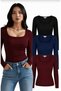 Set of 3 U-Neck Long Sleeve Ribbed Cotton Blouse T-Shirts