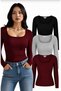 Set of 3 U-Neck Long Sleeve Ribbed Cotton Blouse T-Shirts