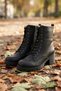 Women's Black Thick Heel Lace-Up Boot with Zip and Cuff, Textured Sole - 4