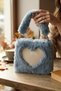 Blue Plush-Patterned Checked Square Women's Clutch Bag - 2